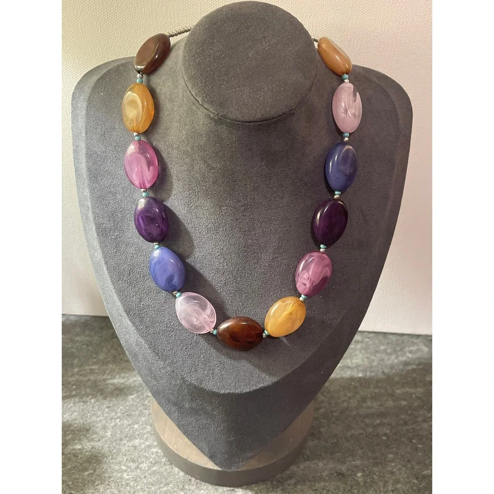 Multi Color Resin Oval Bead Necklace Boho Statement Adjustable Silver Tone Clasp